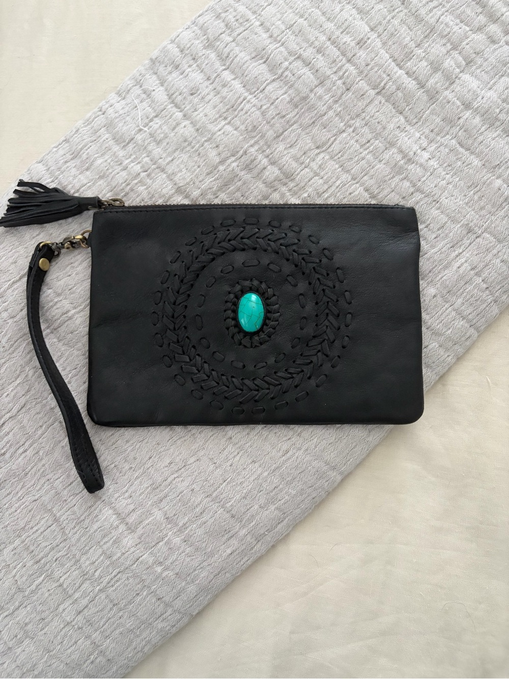 Black Leather Wristlet Clutch with Turquoise Accent- Nuage Bleu Maui